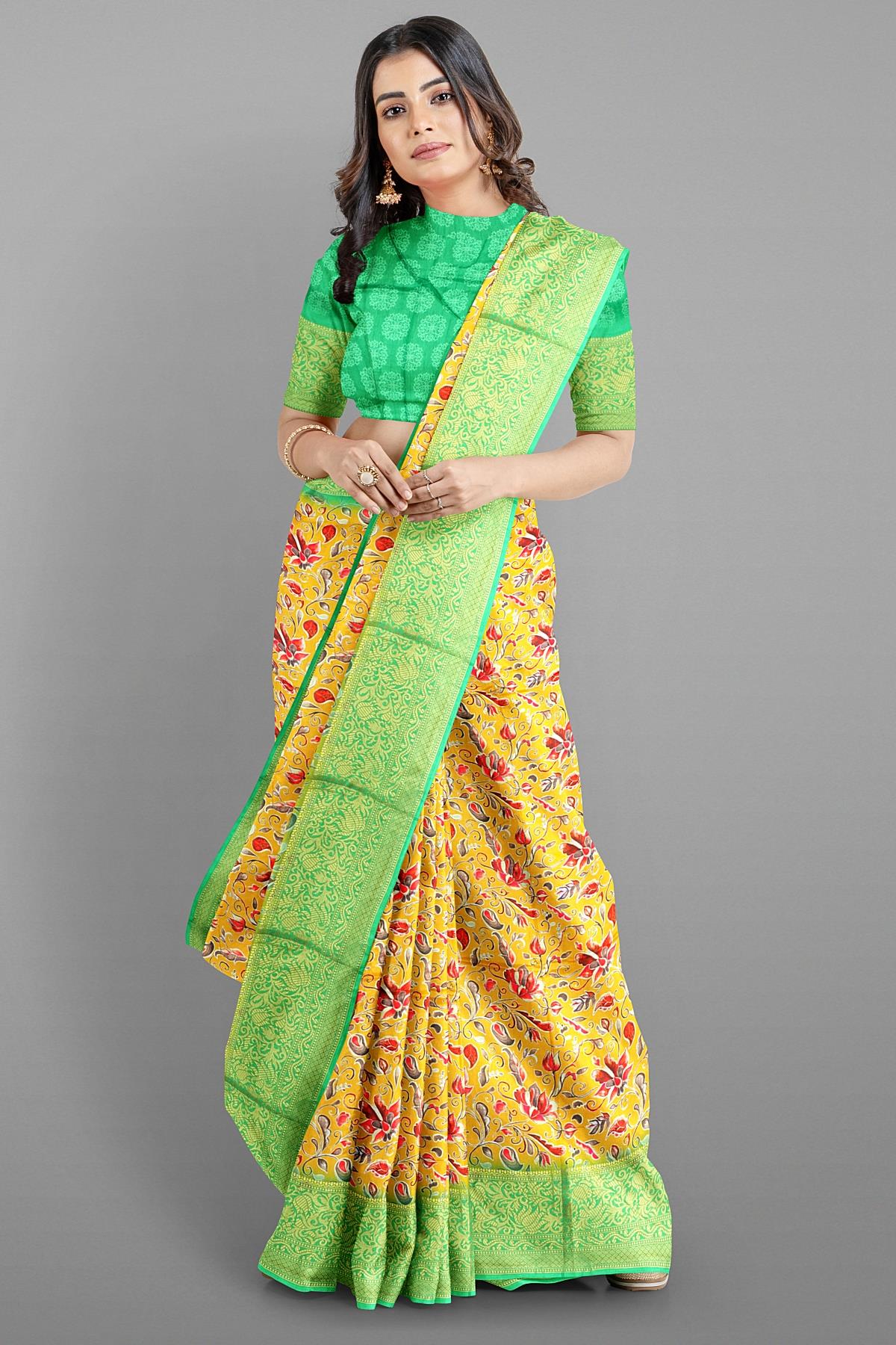 MUSTARD and LIGHT GREEN FLORALS SILK Saree with FANCY