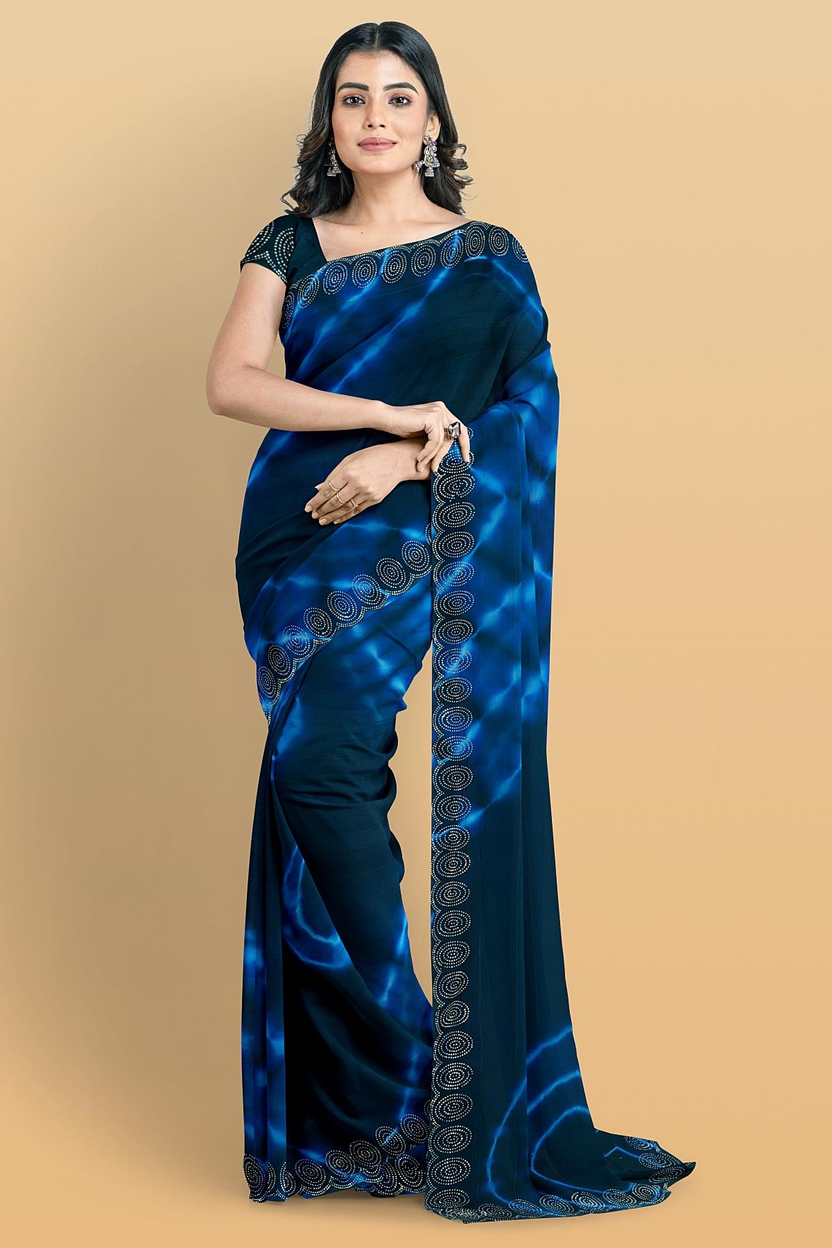 DARK BLUE and SILVER SHIBORI PRINT CHIFFON Saree with FANCY