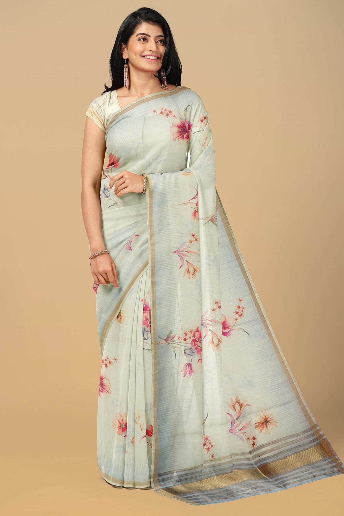 LIGHT GREY and MULTI FLORALS TISSUE SILK Saree with FANCY