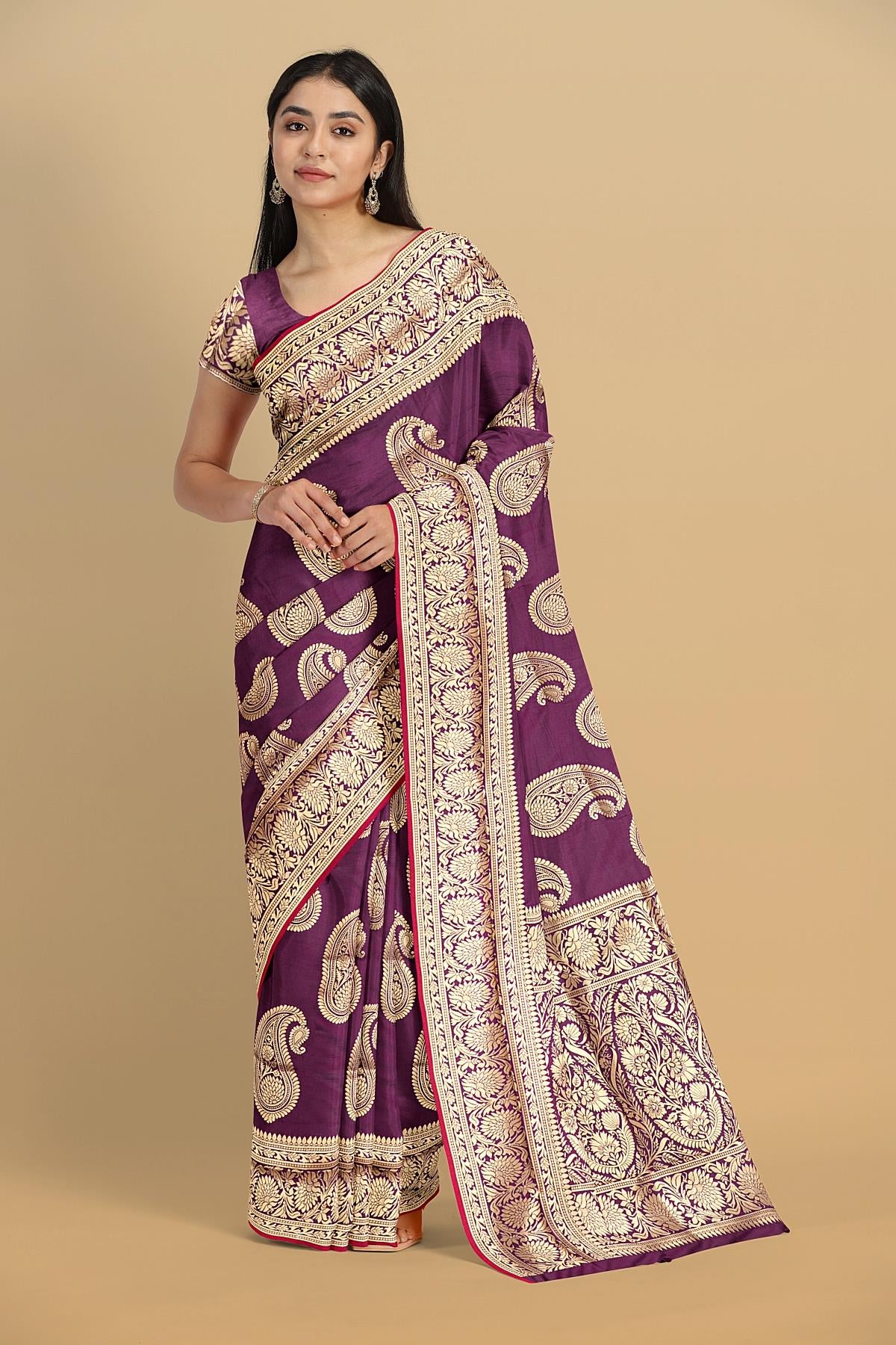 MAGENTA and GOLD BUTTIS SILK BLEND Saree with SEMI PATTU