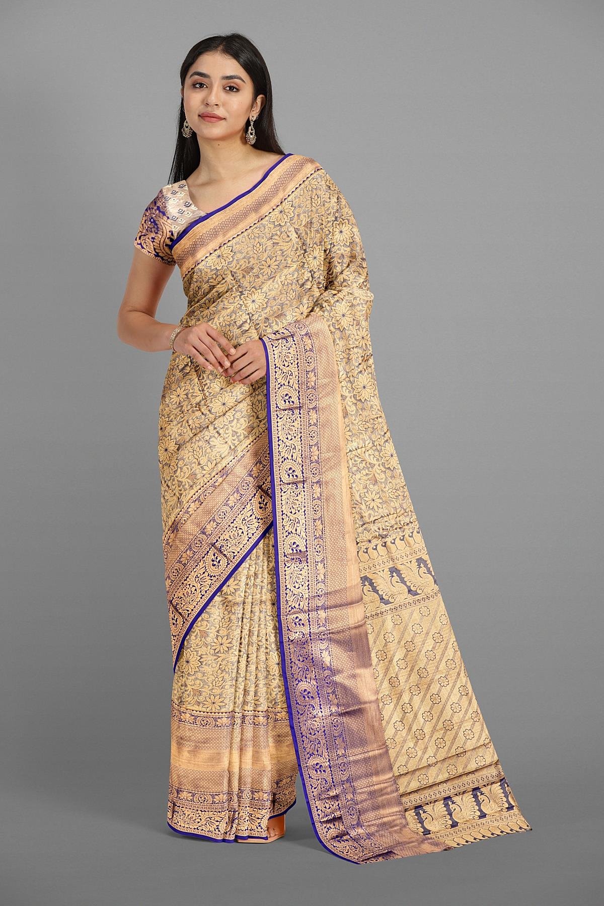GREY and ROYAL BLUE FLORALS TISSUE SILK Saree with SEMI PATTU