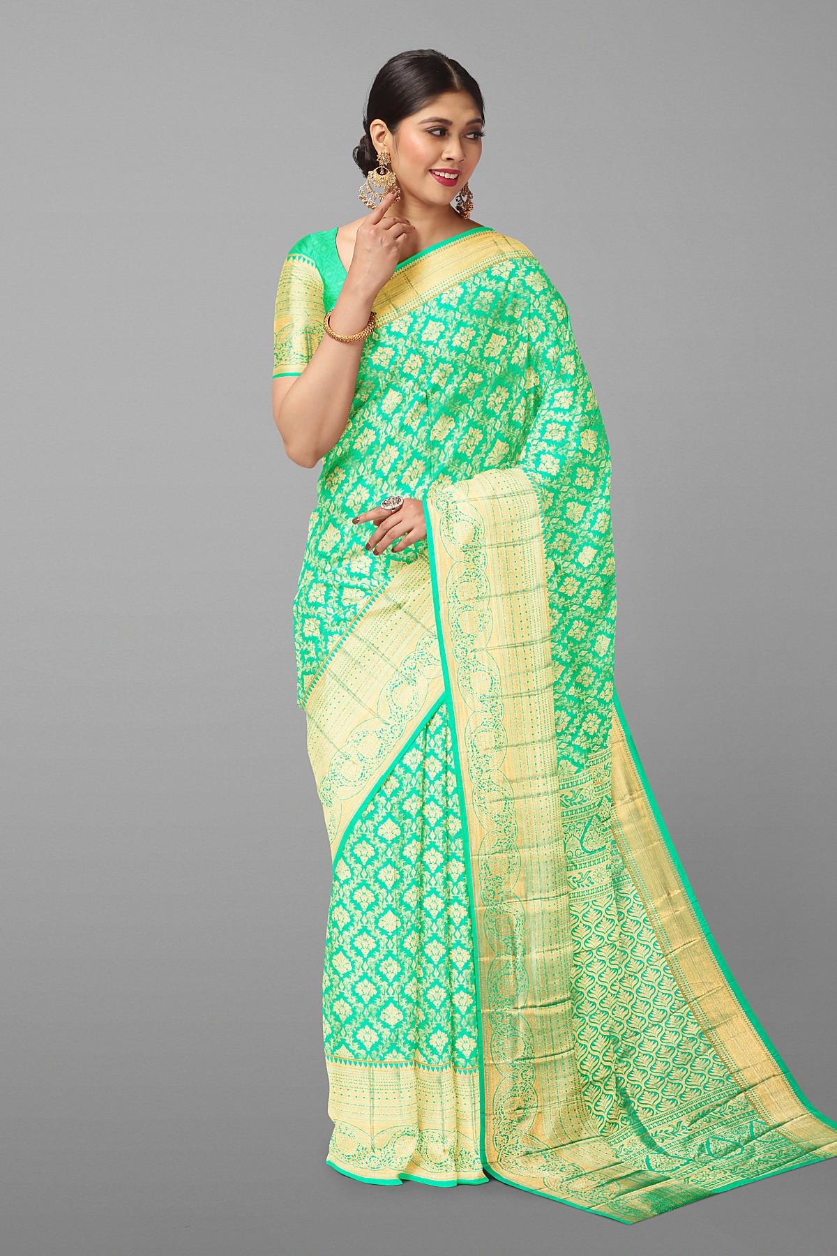 SEA GREEN and GOLD FLORAL JAAL SILK BLEND Saree with SEMI PATTU