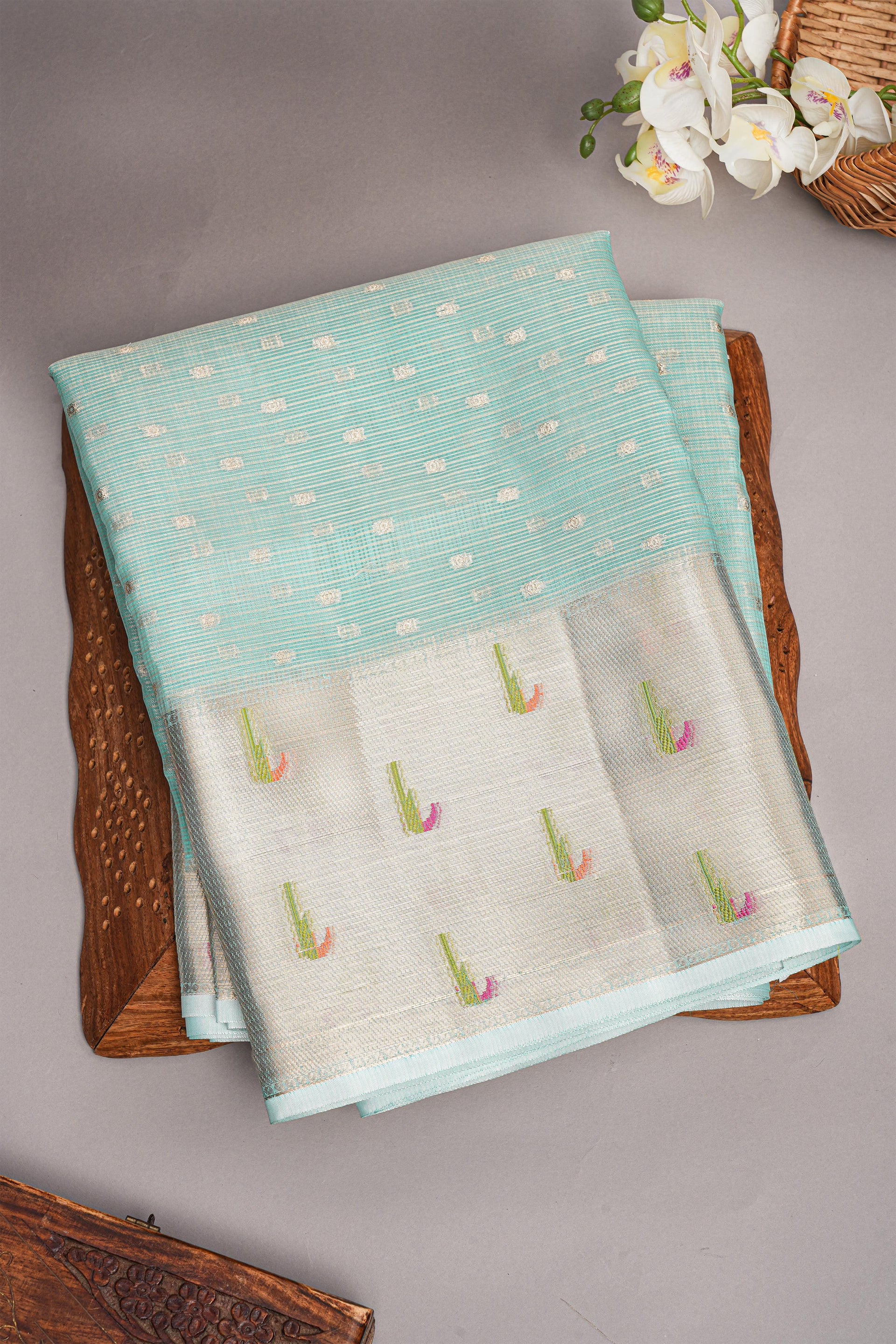 LIGHT SEA GREEN and GOLD BUTTIS KOTA Saree with FANCY