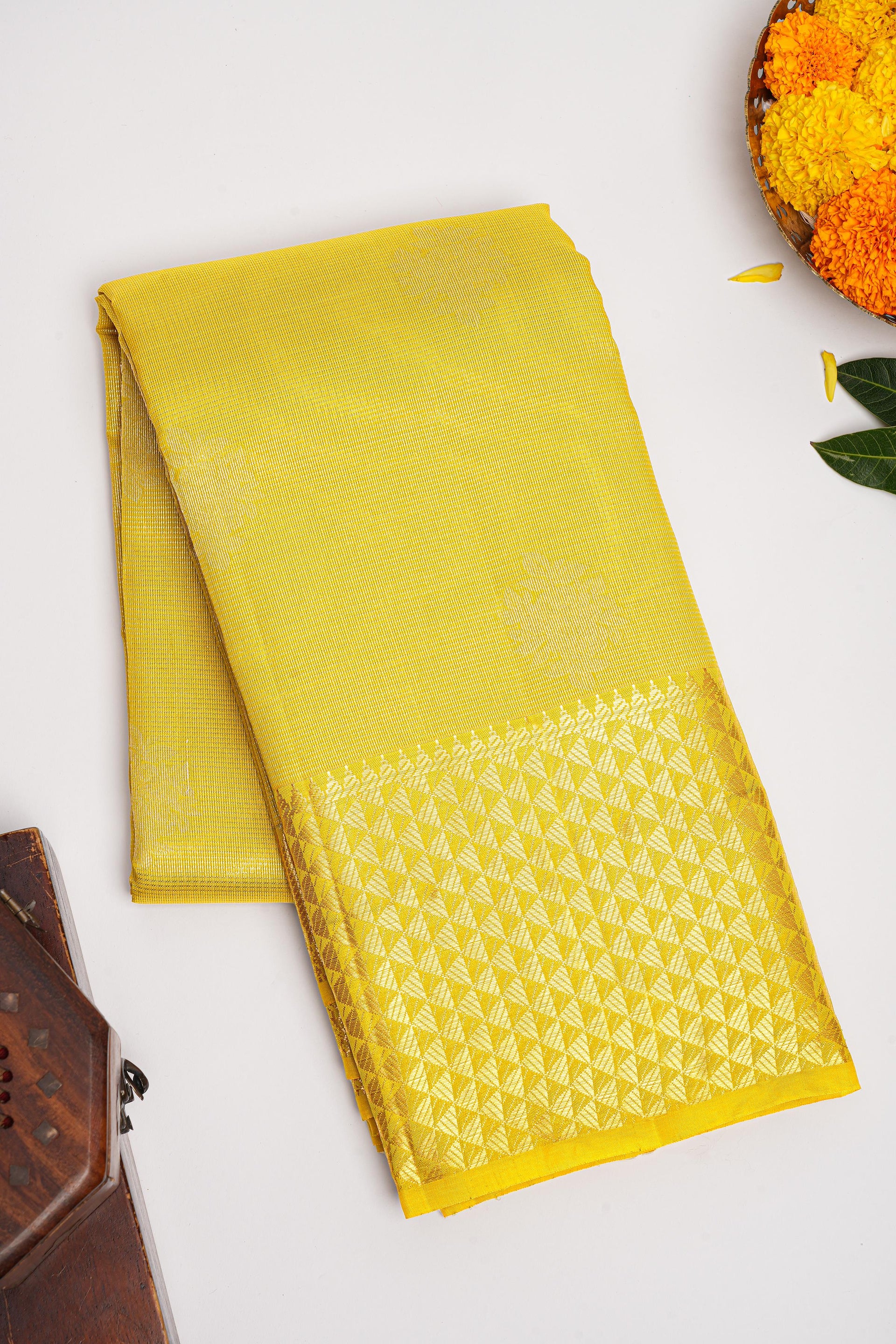 PARROT GREEN and GOLD BUTTIS SILK BLEND Saree with SEMI PATTU