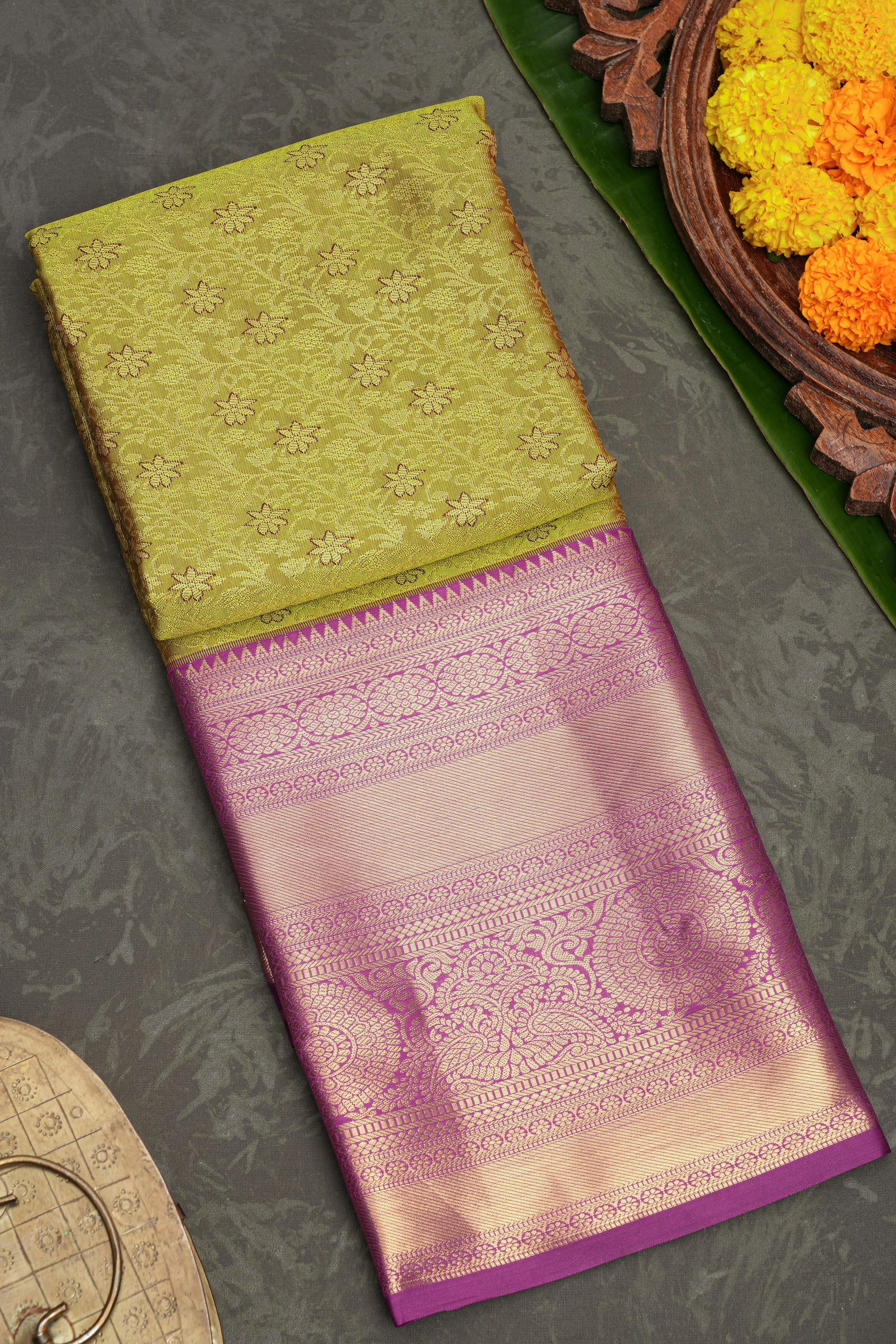 LIGHT GREEN and PURPLE FLORAL JAAL SILK BLEND Saree with SEMI PATTU