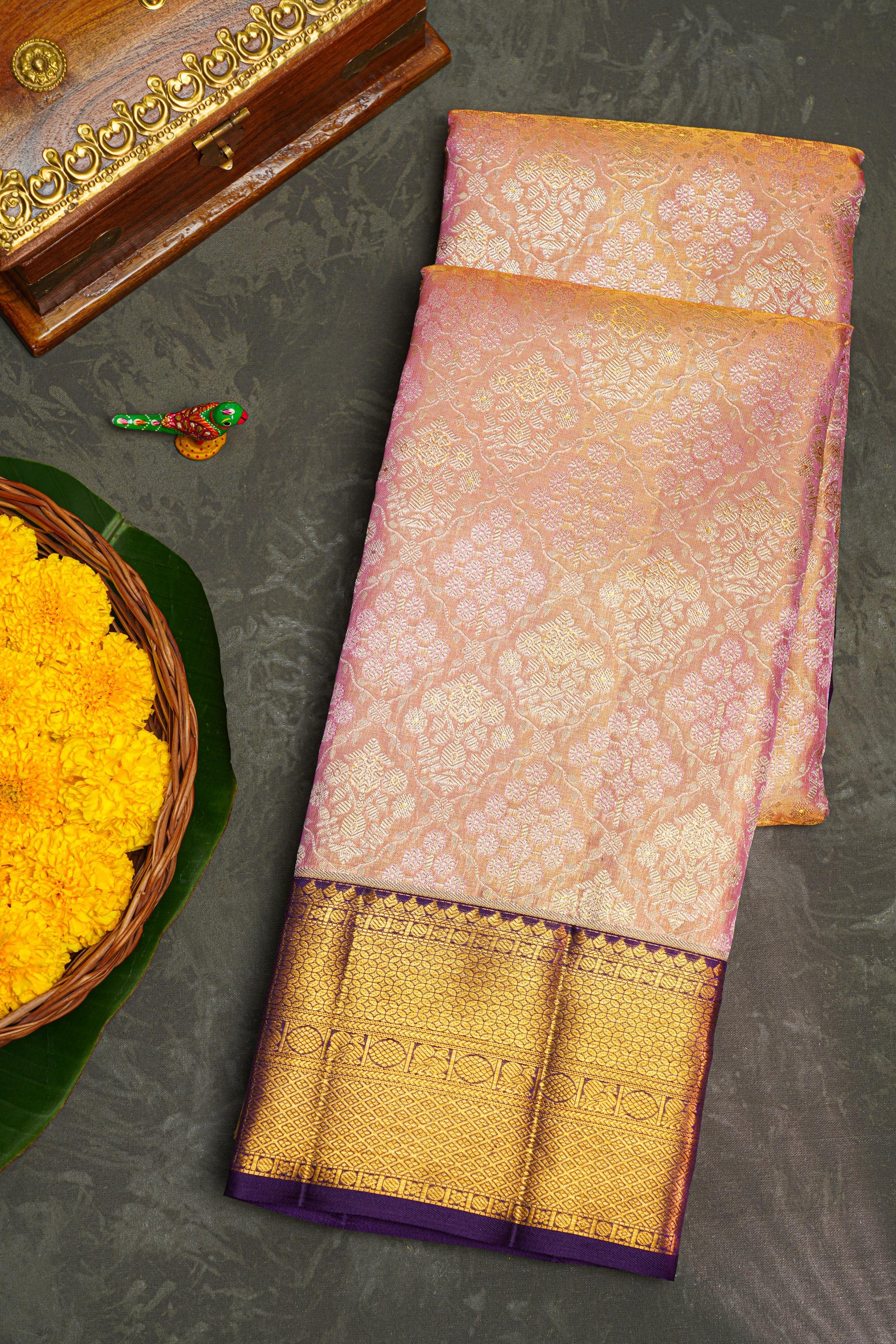 LIGHT PEACH and NAVY BLUE FLORAL JAAL SILK Saree with KANCHIPURAM