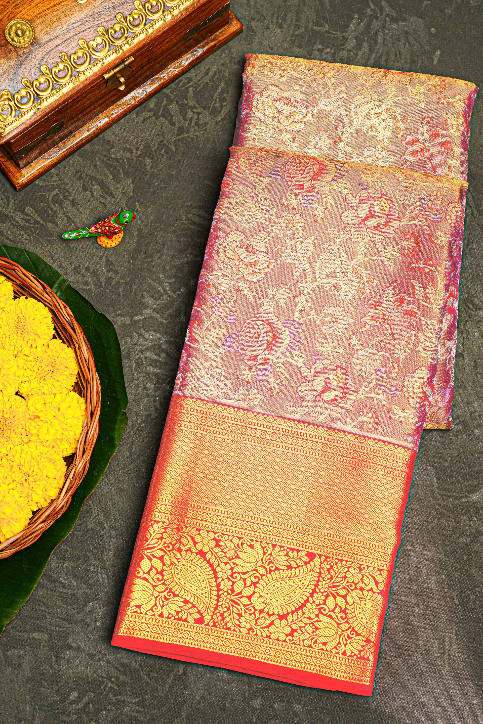 LIGHT PURPLE and RED FLORAL JAAL SILK Saree with KANCHIPURAM