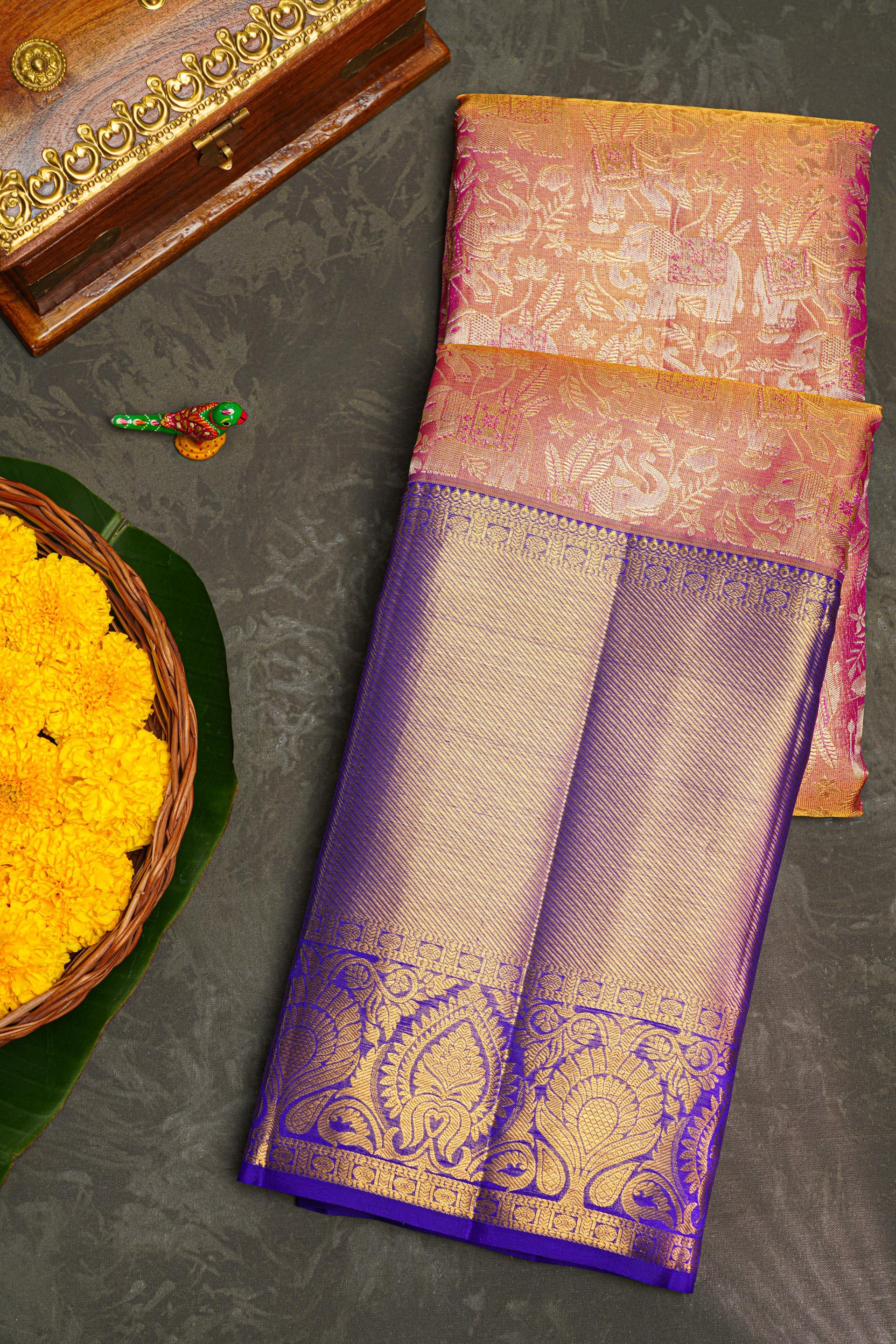 PINK and ROYAL BLUE FLORAL JAAL SILK Saree with KANCHIPURAM