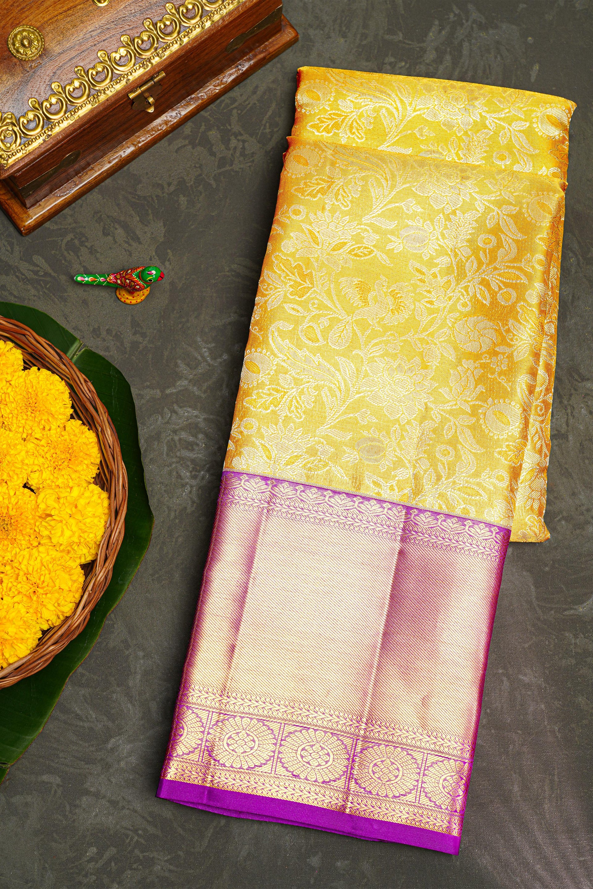 LEMON YELLOW and PURPLE FLORAL JAAL SILK Saree with KANCHIPURAM
