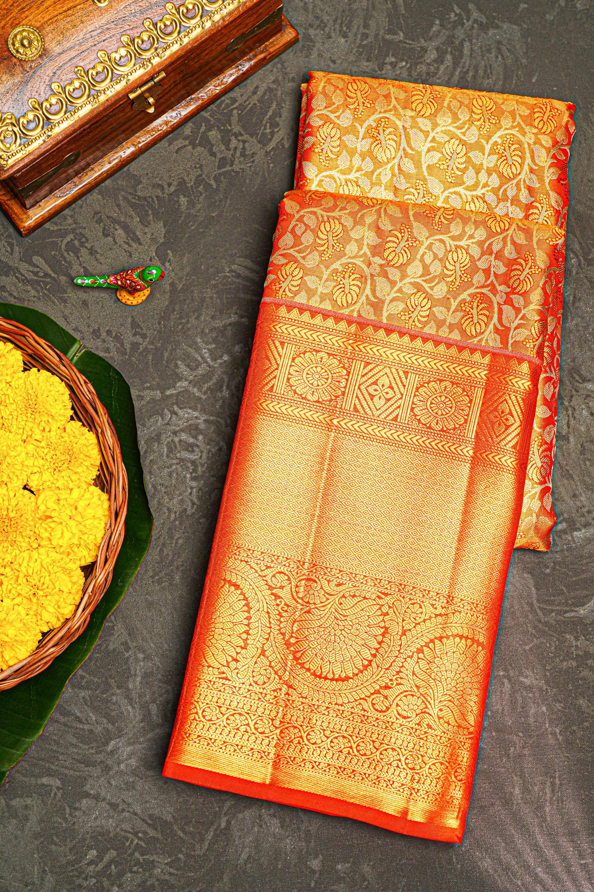 ORANGE and GOLD FLORAL JAAL SILK Saree with KANCHIPURAM