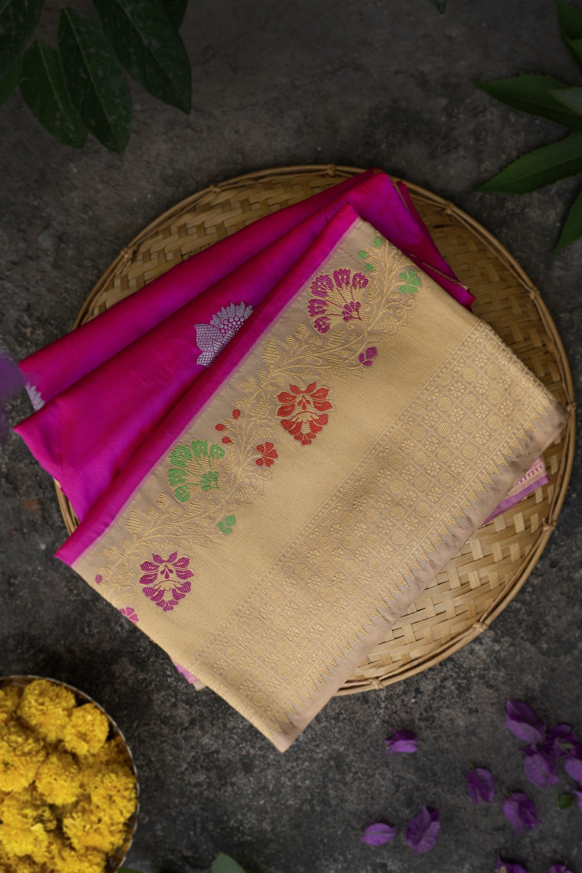 Banarasi Silk Floral Motifs Hot Pink Saree