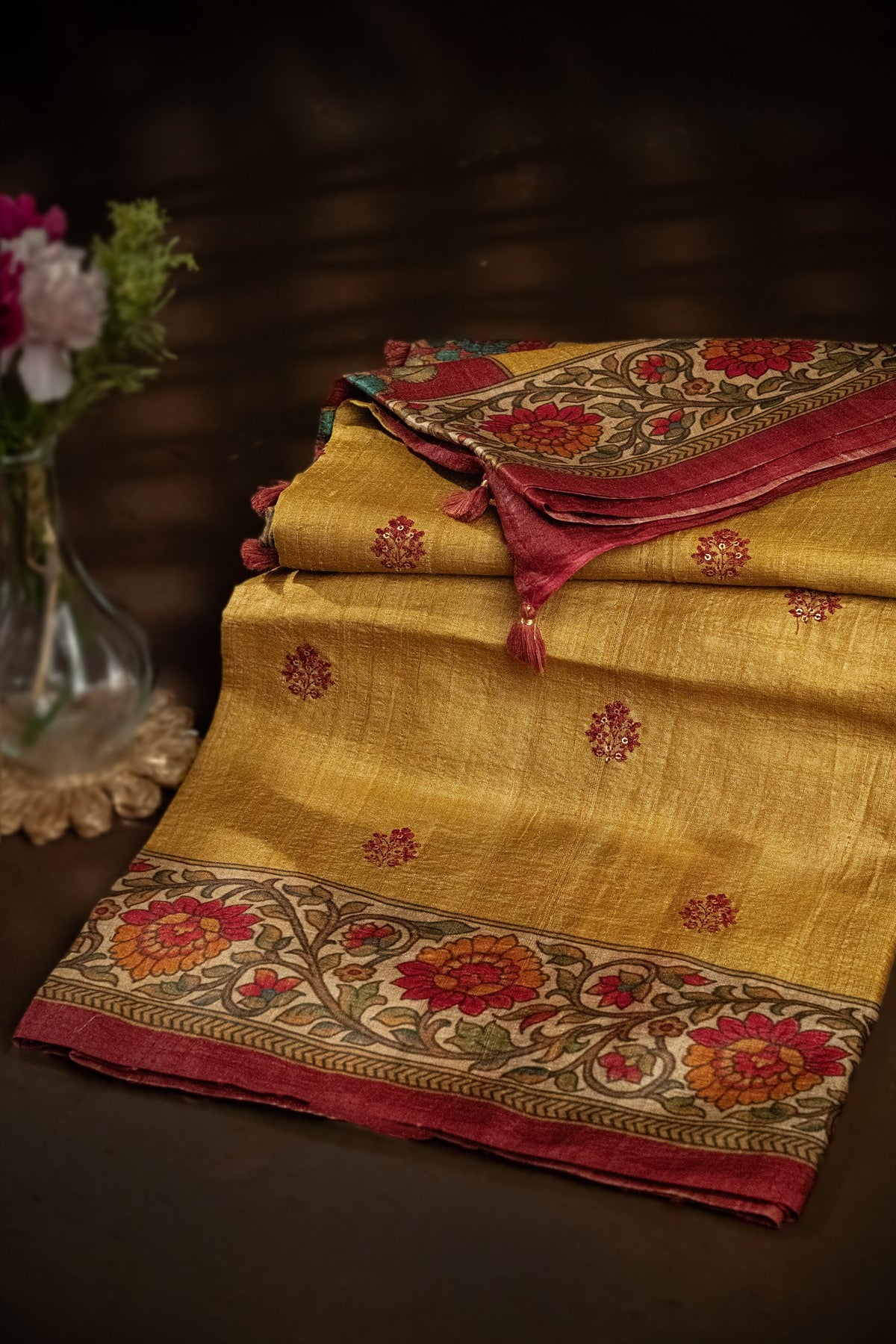 Fancy Tussar Embroidered Dark Mustard Saree