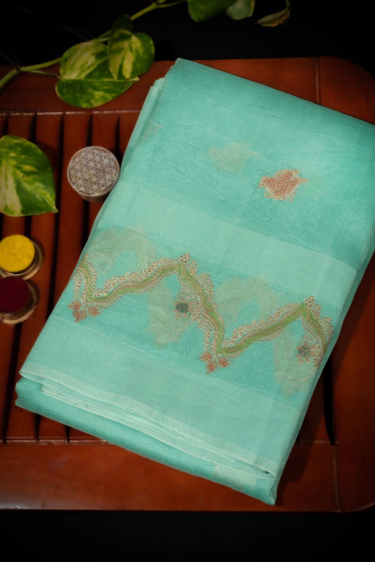 Designer Kora Motifs Aqua Green Saree