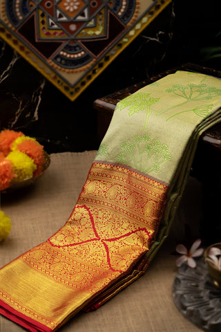 Kancheepuram Tissue Gold And Green Saree With Floral Motifs