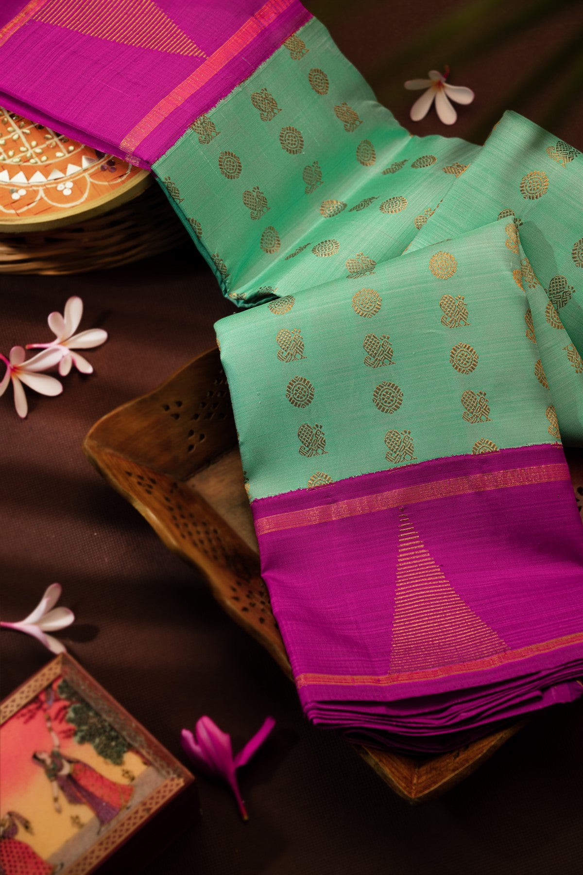 Kancheepuram Silk Peacock Buttis Sea Green Saree