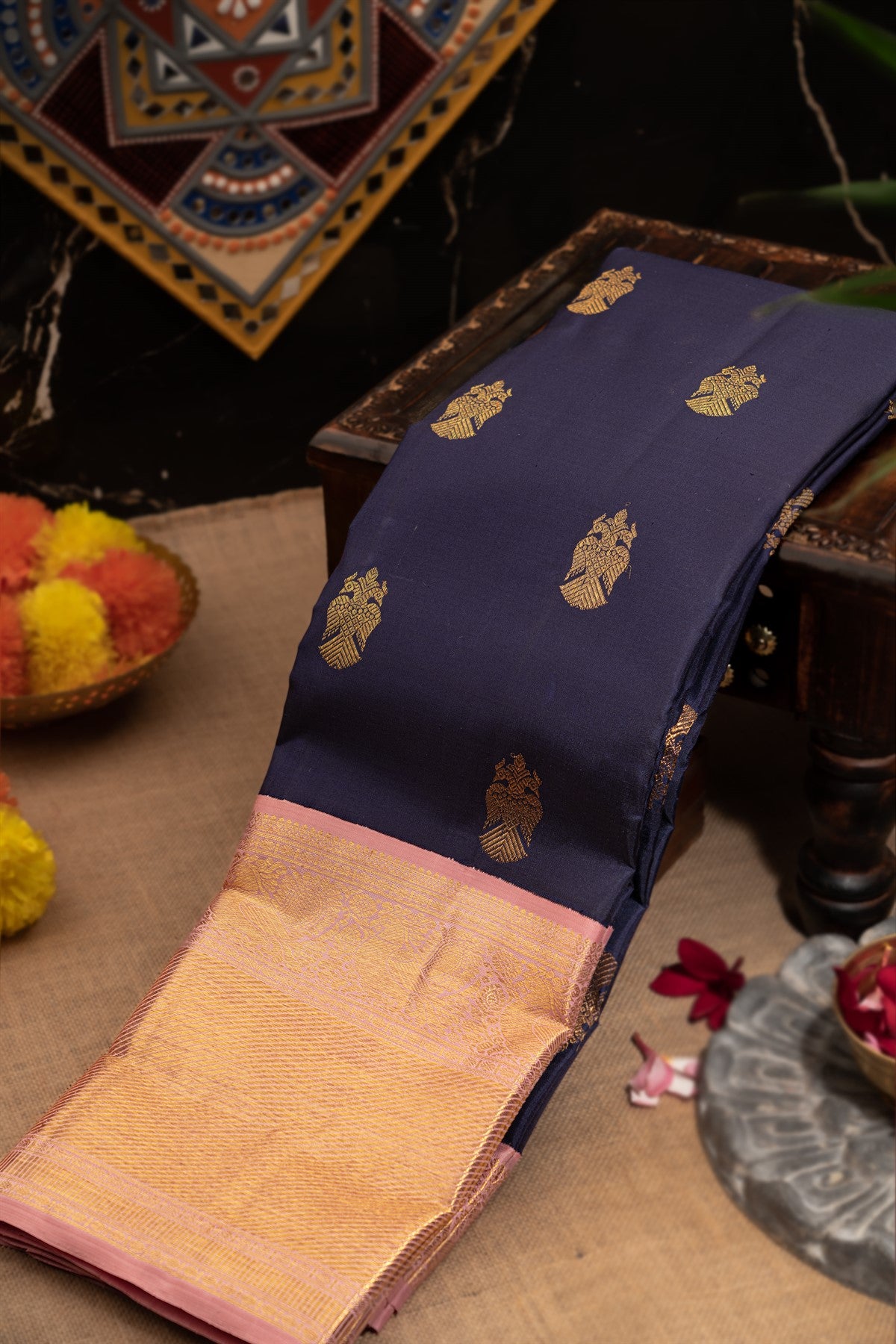 Kancheepuram Silk Peacock Motifs Navy Blue Saree