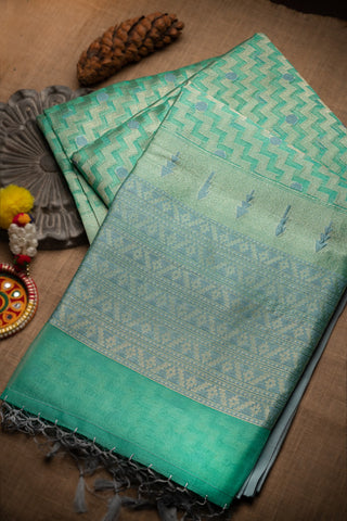 Banarasi Fancy Kora Zigzag Stripes Sea Green Saree