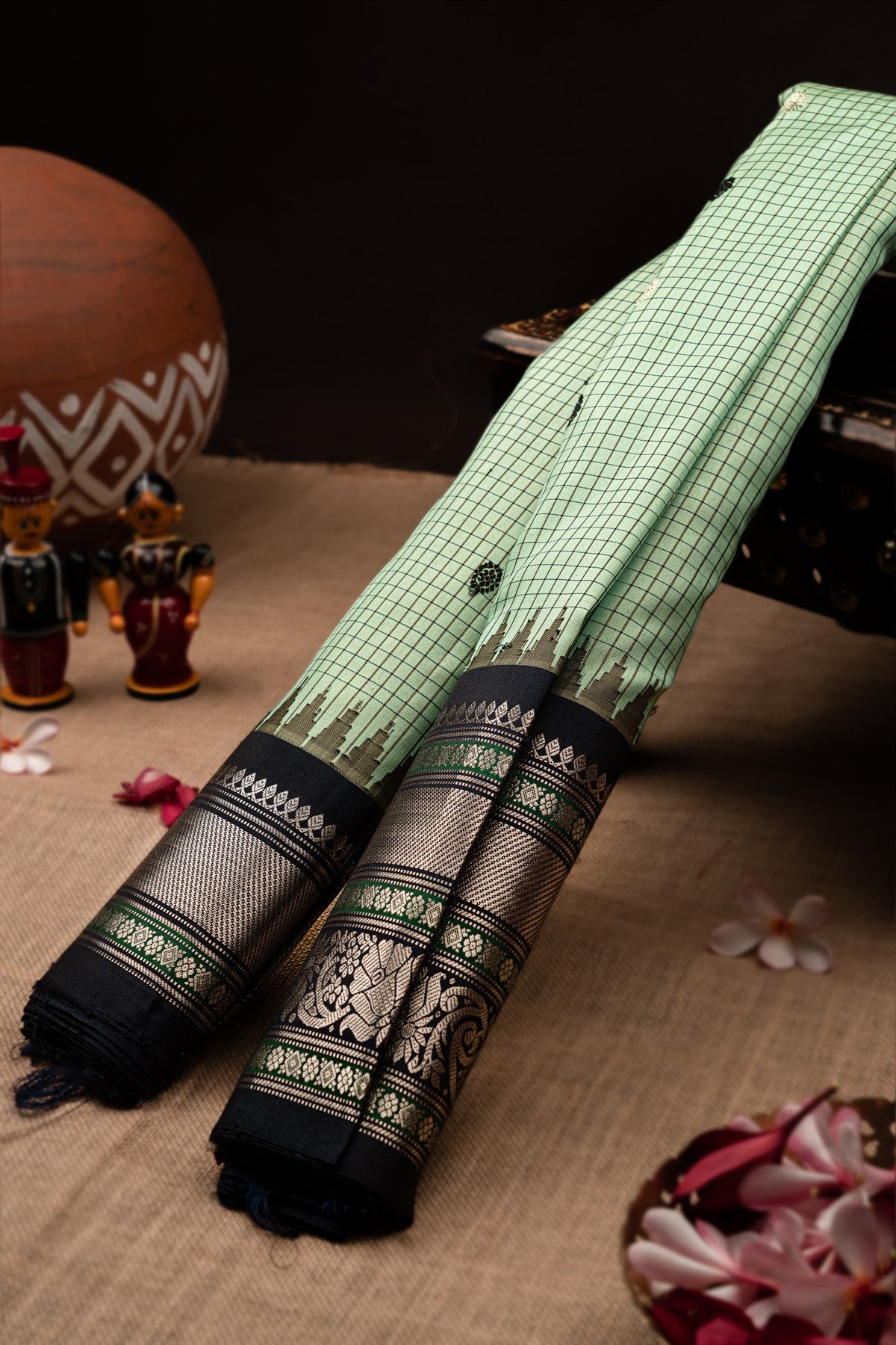 Gadwal Silk Checks And Buttis Pista Green Saree