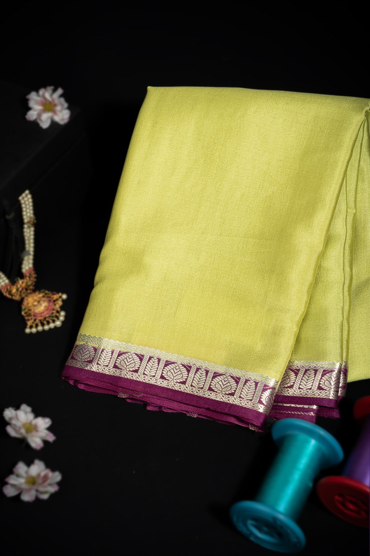 Mysore Crepe Plain Lime Green Saree