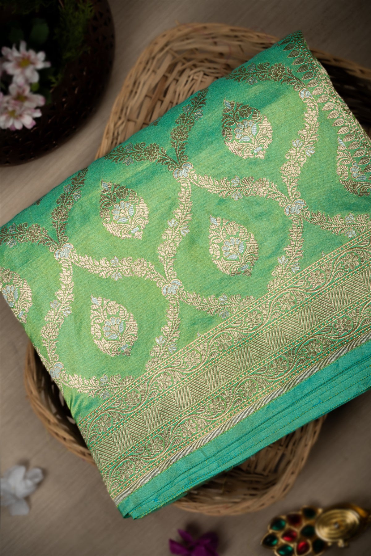 Banarasi Silk Floral Jaal Sea Green Saree