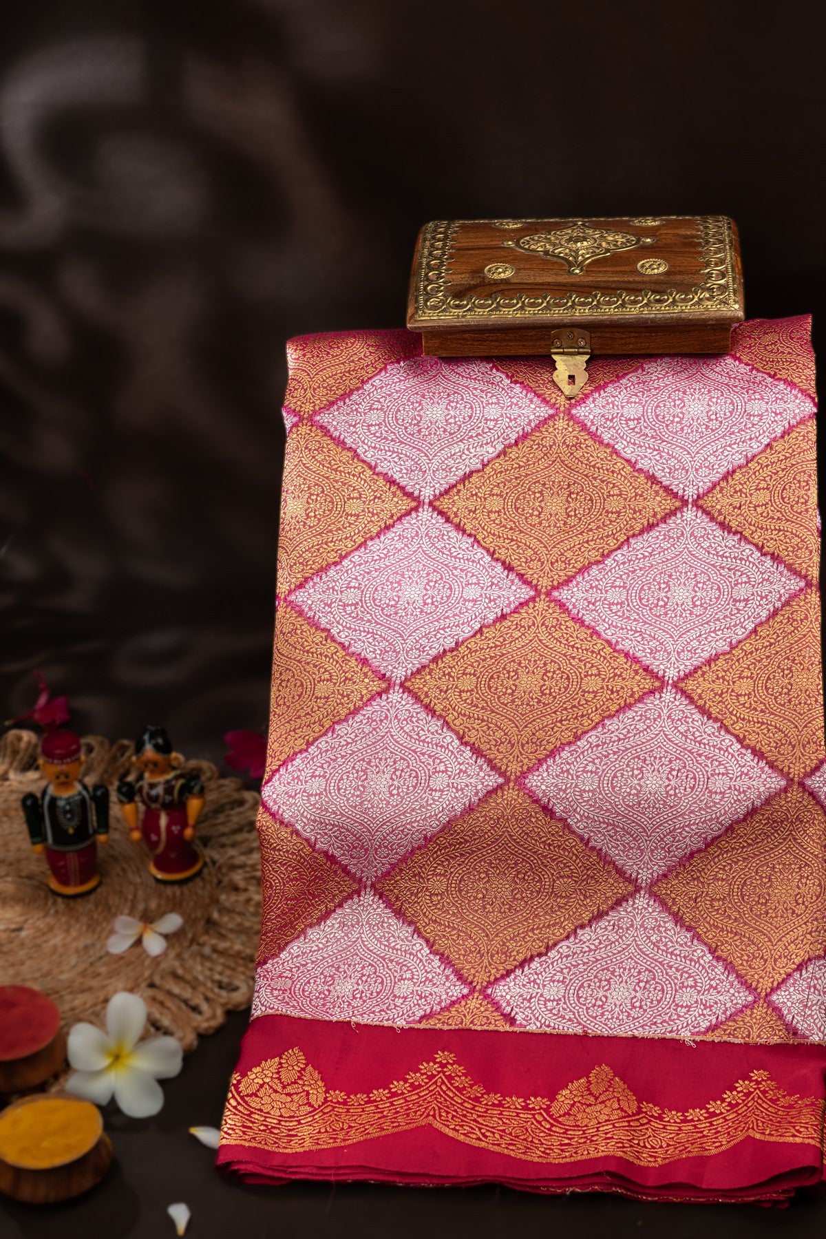 Banarasi Silk Watermelon Pink and Maroon Saree