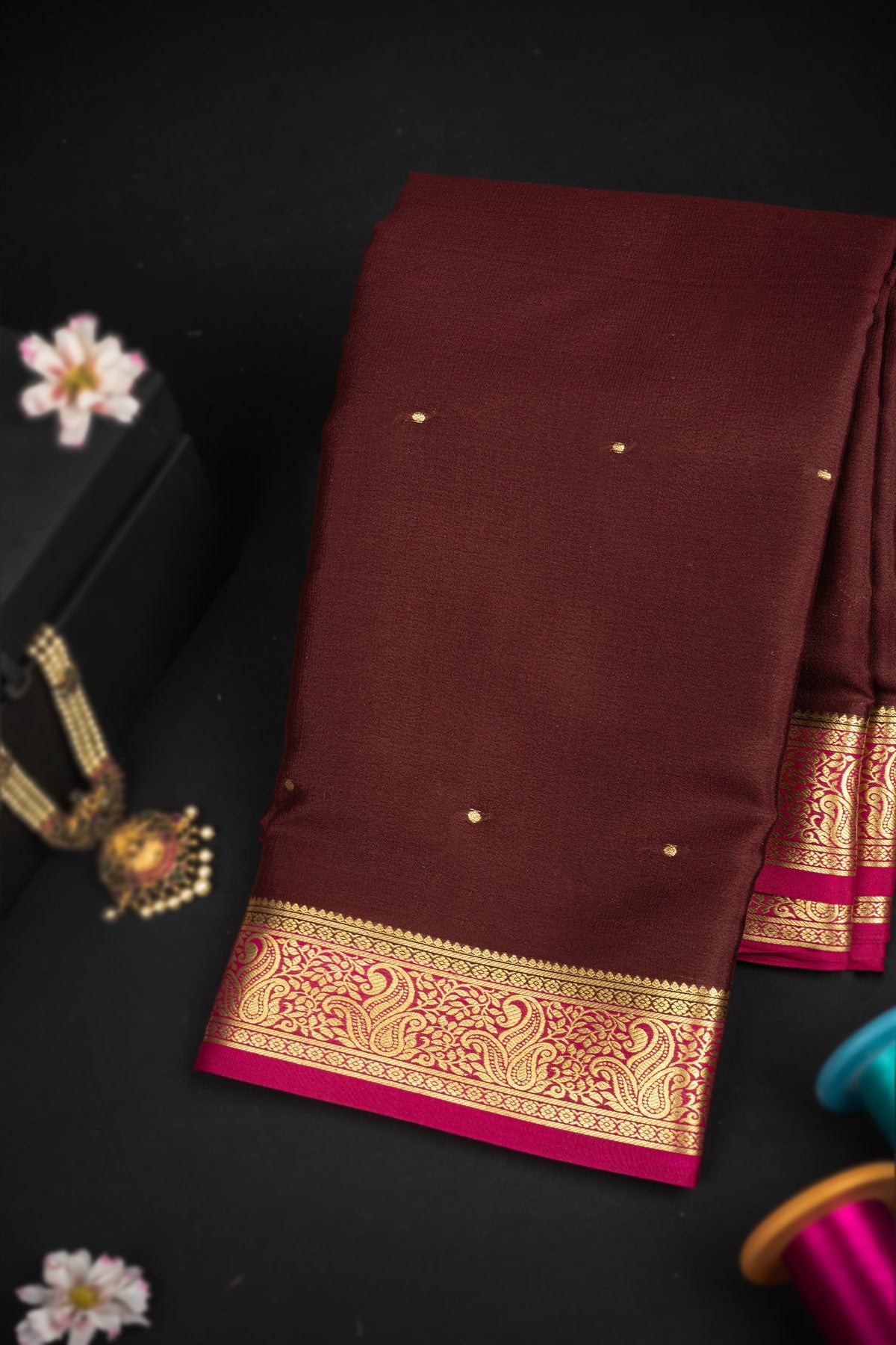 Mysore Crepe Buttis Dark Brown Saree