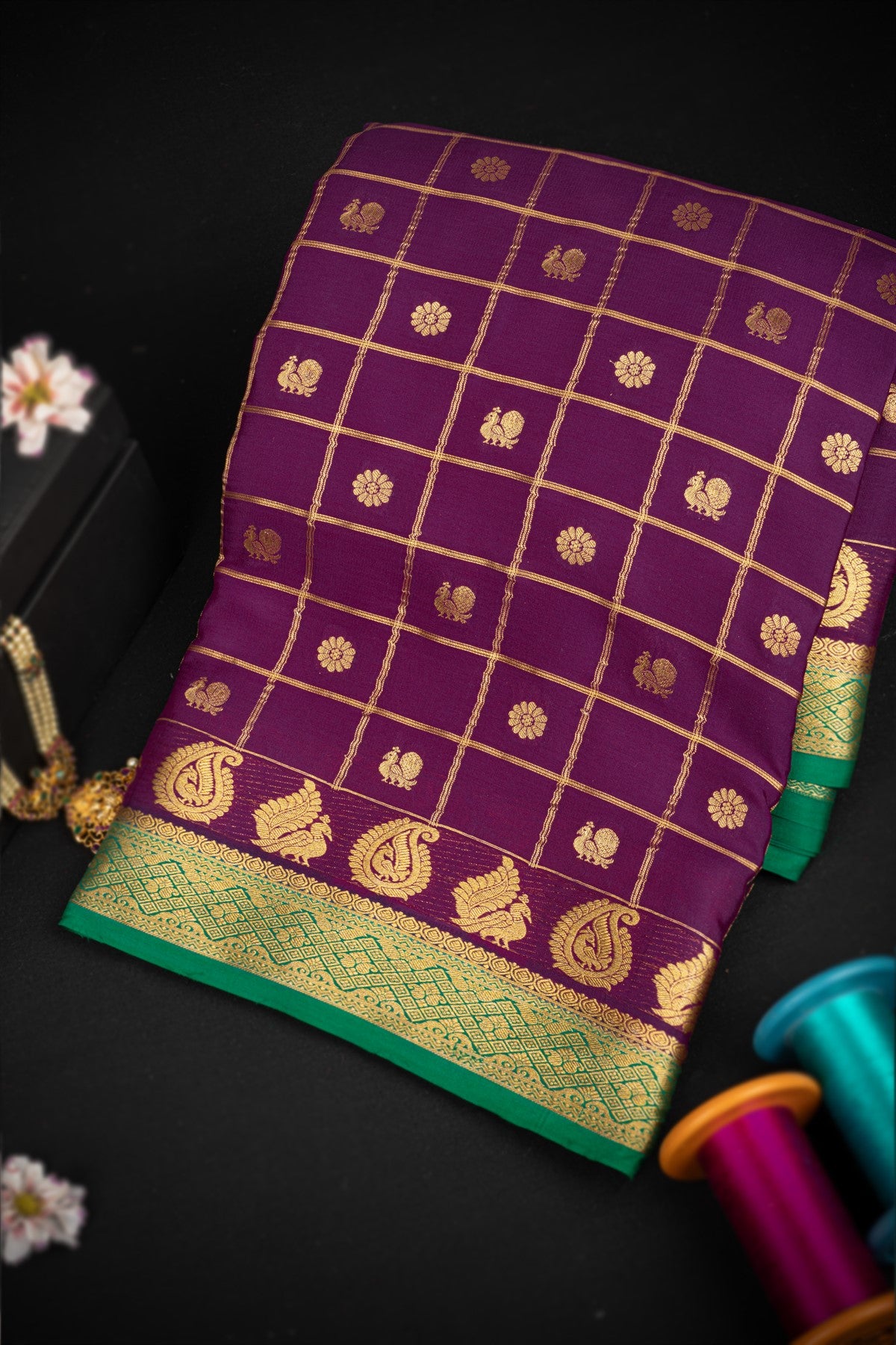 Mysore Crepe Checks Purple Saree