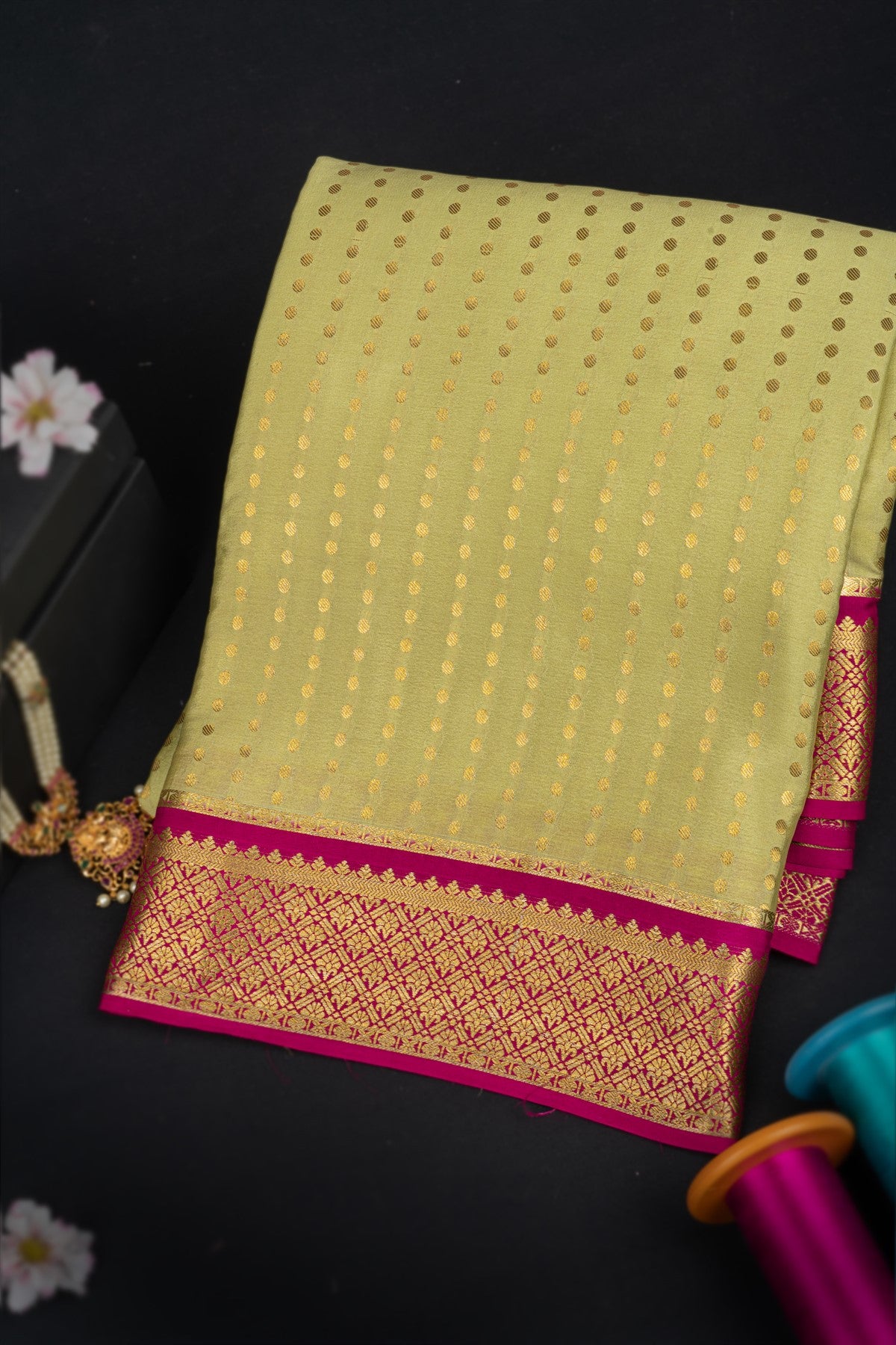 Mysore Crepe Polka Dots Light Green Saree