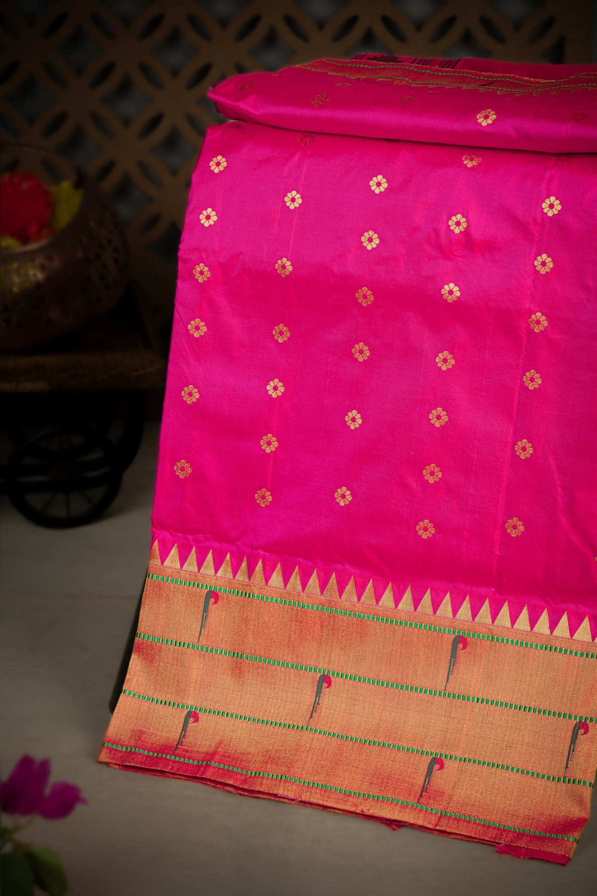 Paithani Silk Floral Buttis Pink Saree