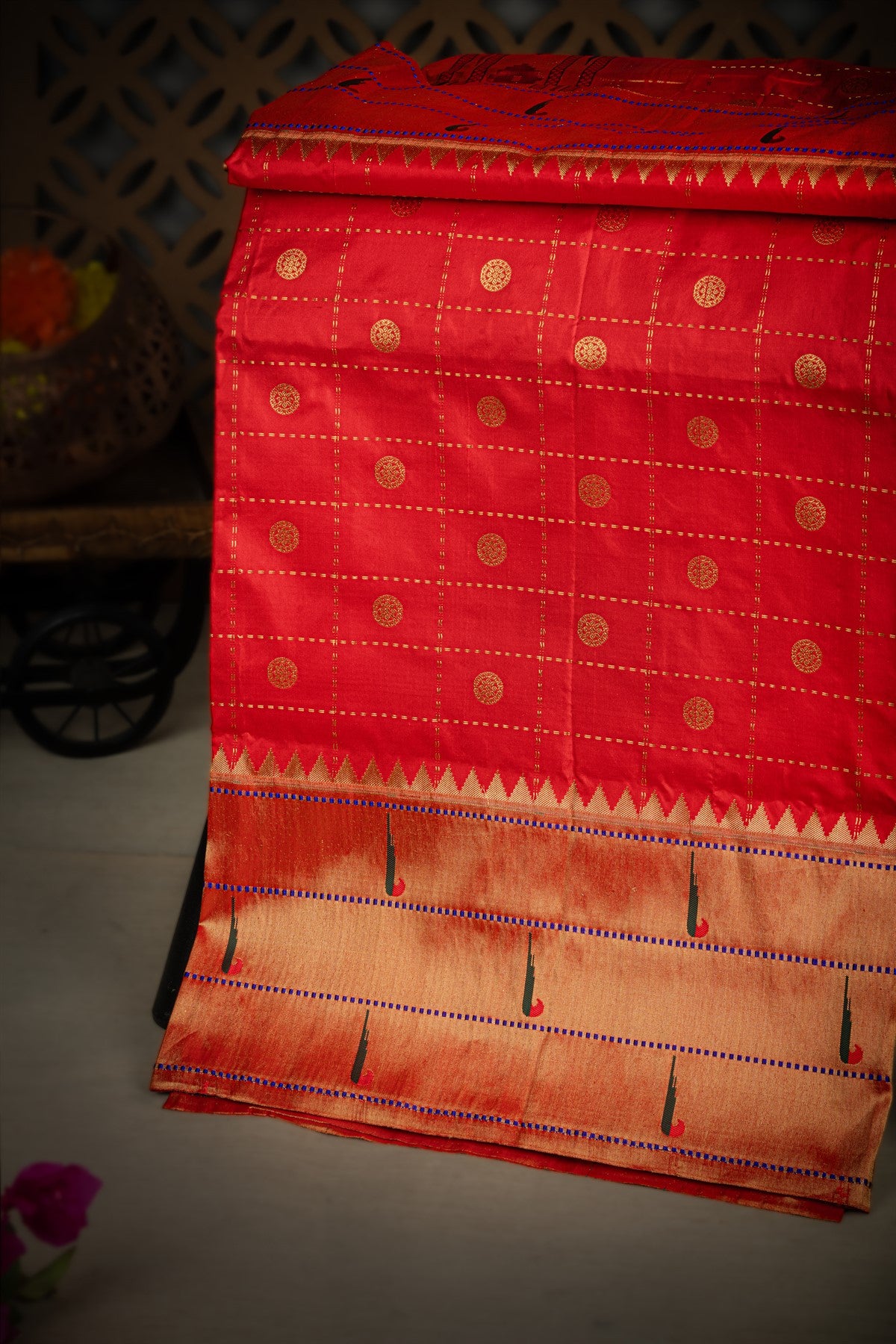 Paithani Silk Checks And Buttis Red Saree