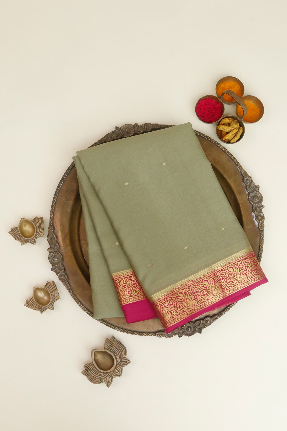 Mysore Crepe Olive Green Saree