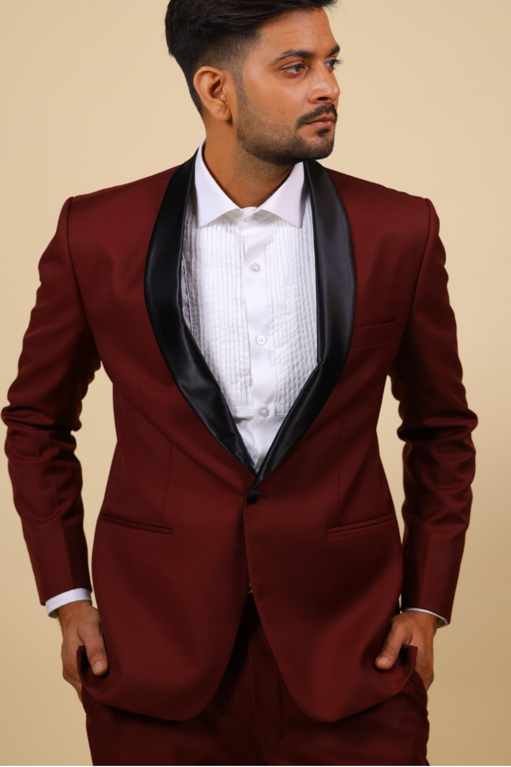 Burgundy Designer Tuxedo with Black Satin Lapels