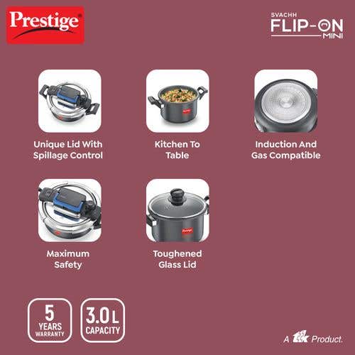 Prestige Svachh Flip-on Stainless Steel Gas and Induction Compatible  Pressure Cooker with Glass Lid, (Silver)