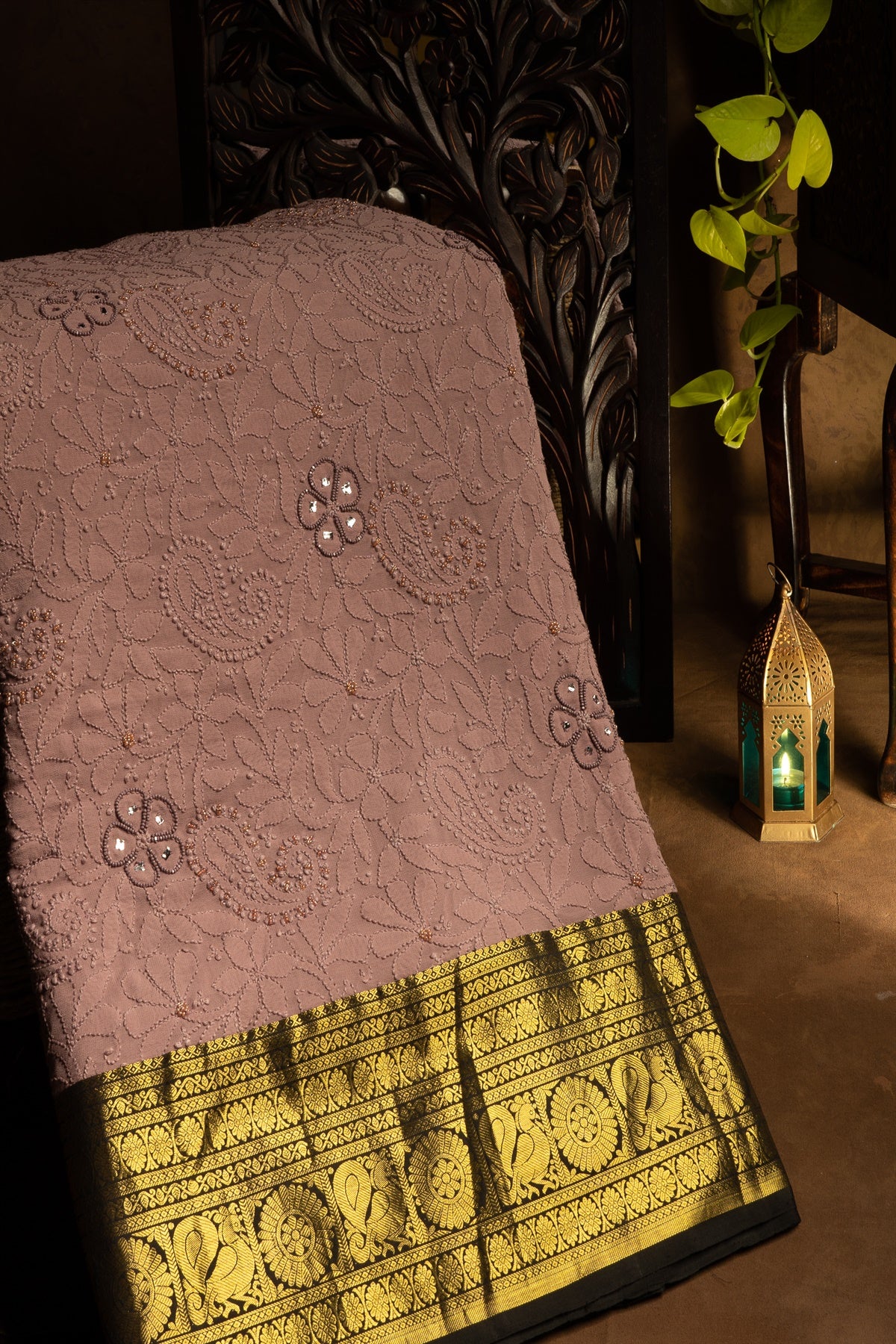 Mandir Mauve & Black Kanchi Chikankari Jaal Saree