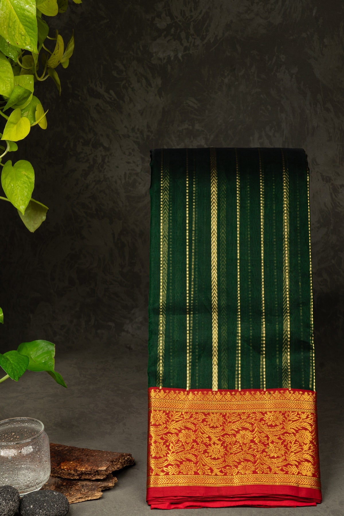 Mandir Bottle Green & Red Chanderi Lines Saree