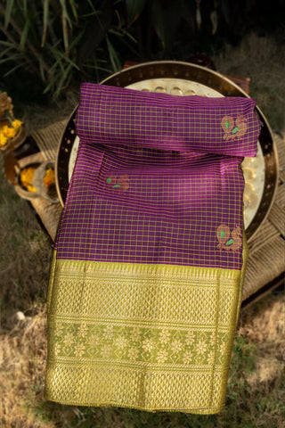 Varamahalakshmi Purple & Olive Green Kuppadam Checks And Buttis Saree