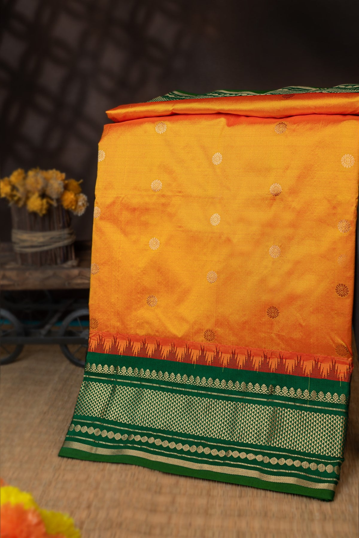 Varamahalakshmi Tangy Orange & Green Paithani Buttis Saree