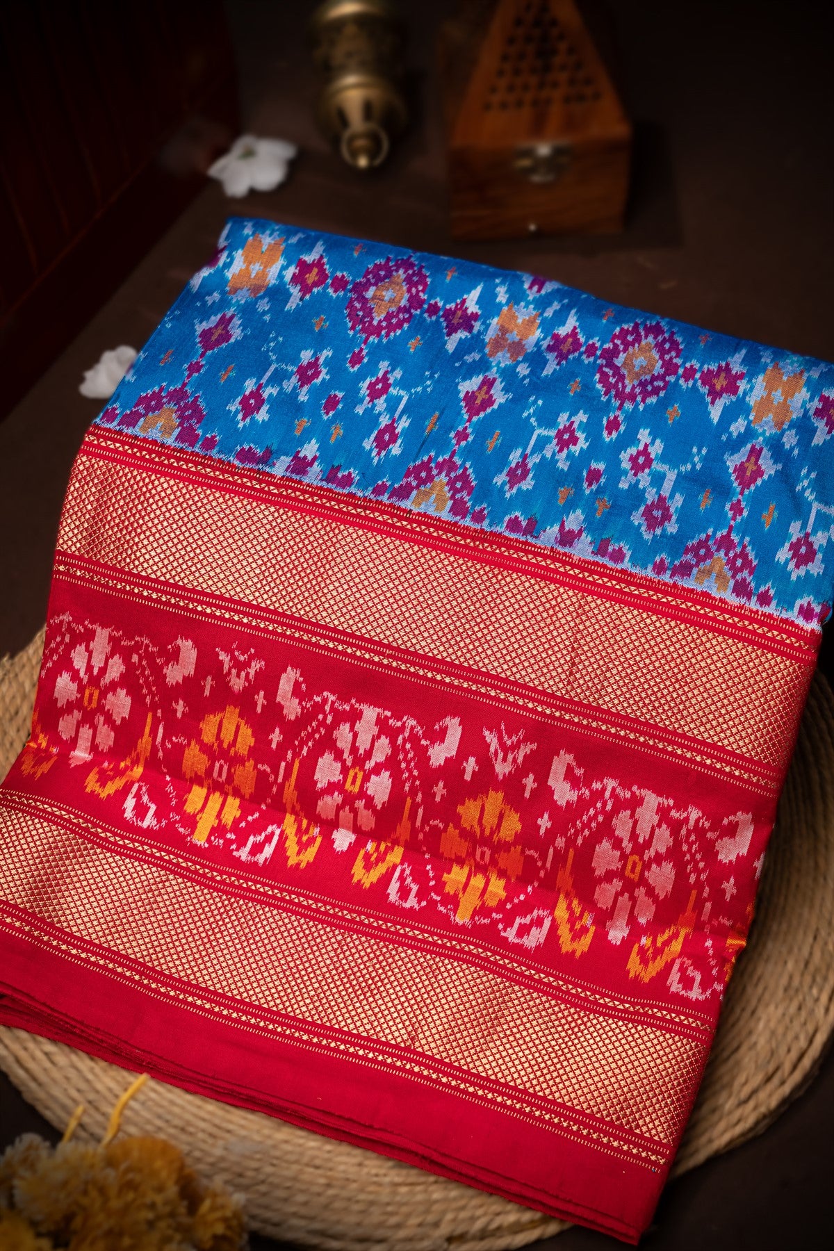 Mandir Blue & Multi-Colour Ikat Ikat Saree